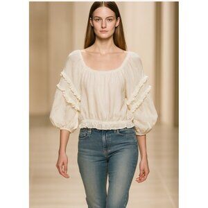 Ramy Brook Cream Ruffle Peasant Blouse M Puff Sleeve Boho Chic Crinkle Top Silk